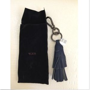 TUMI Keychain KEY Fob Ring Fringe FISH Blue Leather NEW